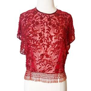 VINTAGE Jack Bryan red beaded fringe top floral